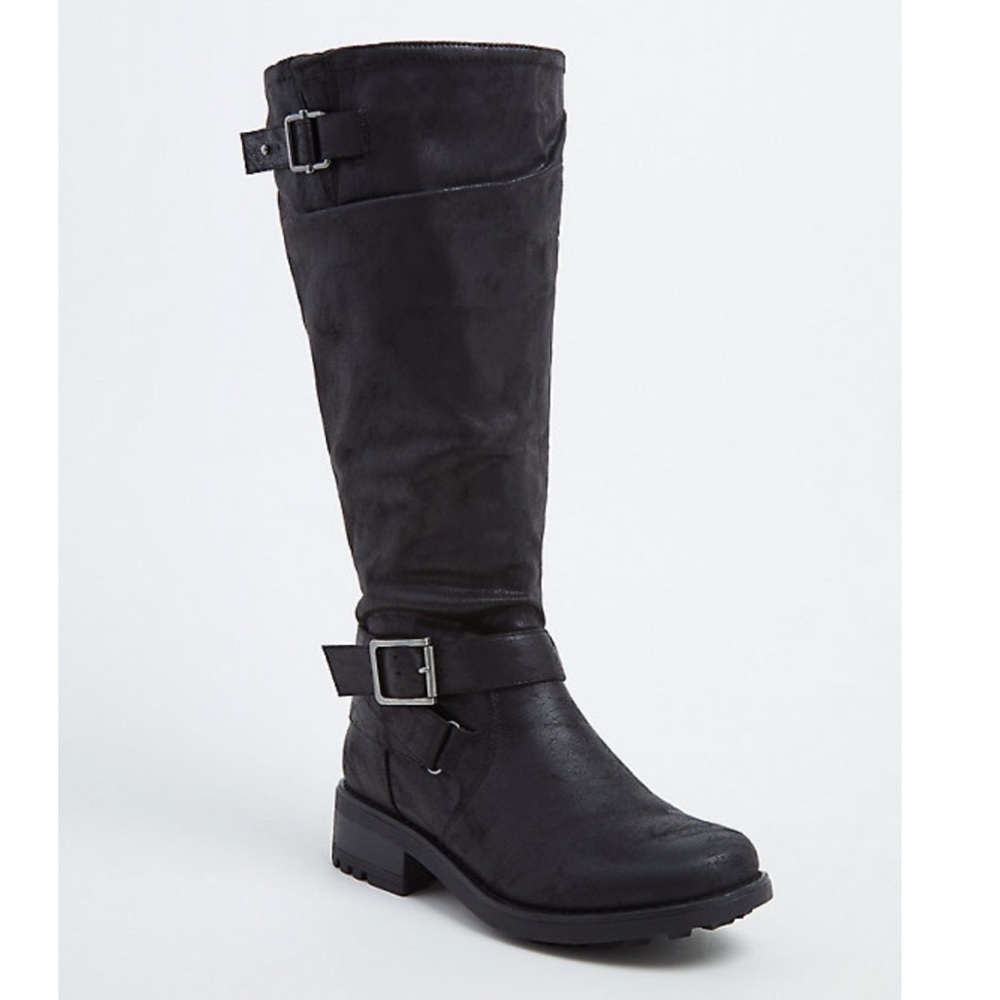 TORRID BOOTS NWT BLACK OIL SUEDE BUCKLE KNEE-HIGH BOOTS